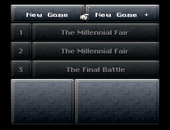 The game select screen of Chrono Trigger, showing the New Game + option.