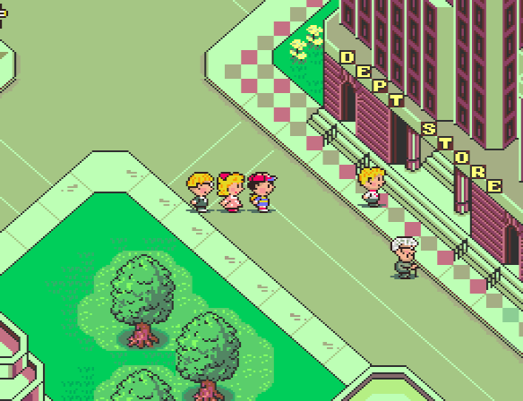 Ness and his friends approach the Department Store in Fourside.