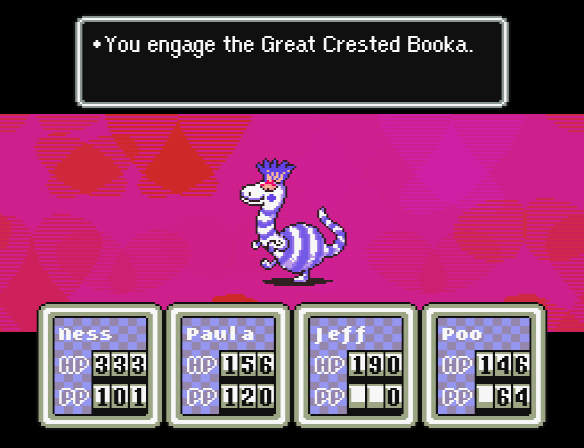 Read the stats and strategies for defeating the Great Crested Booka from EarthBound, a game by Shigesato Itoi for the Super NES.