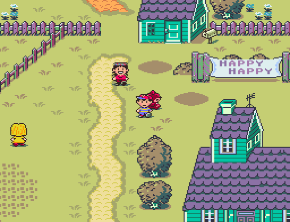 Ness arrives in Happy Happy Village after battling through enemies in Peaceful Rest Valley.