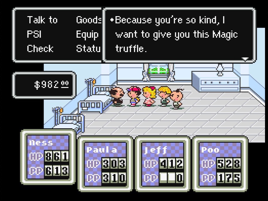 Ness and his friends receive a Magic Truffle from a hospital patient in exchange for an Insignificant Item. A picture of Ness, Paula, Jeff, and Poo receiving a Magic Truffle from a hospital patient in Twoson in exchange for an Insignificant Item.