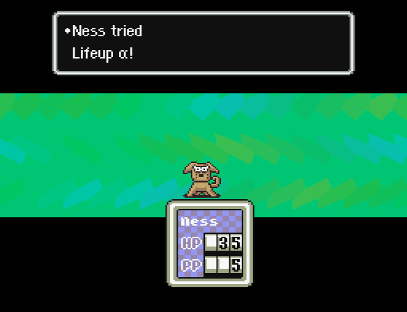 Ness uses Lifeup ɑ during a battle against a Runaway Dog.