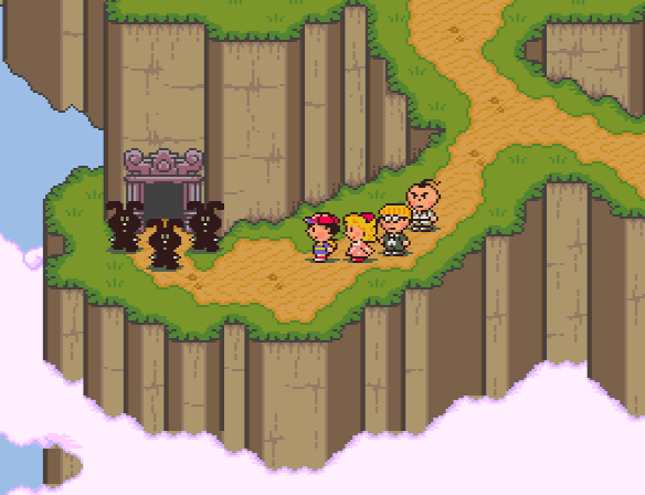 Ness and his friends approach the rabbit statues blocking the entrance to the cave in Dalaam.