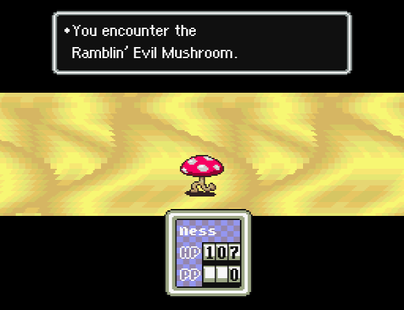 Read the stats and strategies for defeating the Ramblin' Evil Mushroom from EarthBound, a game by Shigesato Itoi for the Super NES.