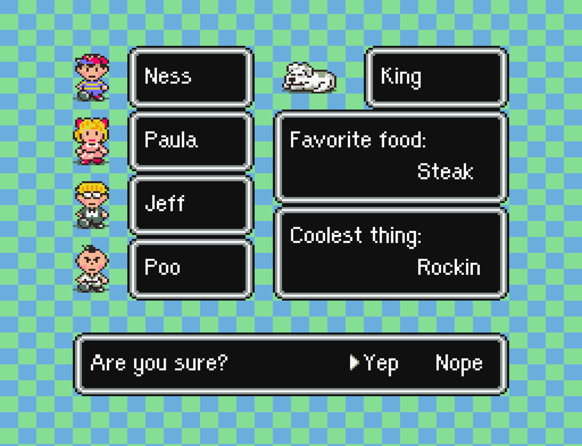 The confirmation screen for naming your characters and things in EarthBound.