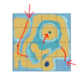 A map of the large freshwater biome from Endless Ocean Luminous, with the well in the northeast corner.