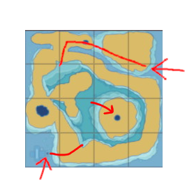 A map of the large freshwater biome from Endless Ocean Luminous, with the well in the southeast corner.