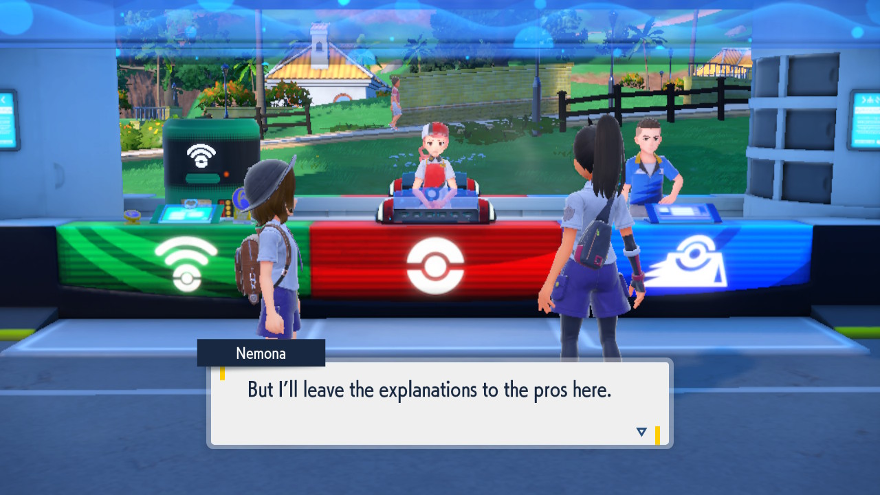 Nemona introduces you to the helpful people of the Pokémon Center at Los Platos.