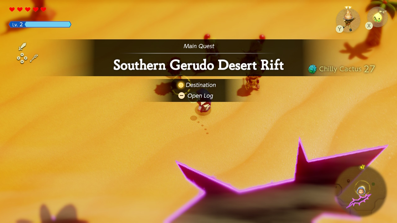 After you're turned away at the Gerudo Palace, Dohna suggests you repair smaller rifts to prove yourself. One is south of Gerudo Town.