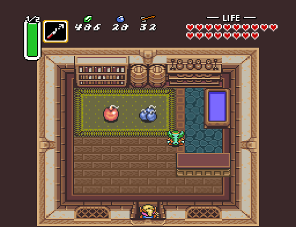 Link finds a new type of bomb for sale at the bomb shop in the Dark World.