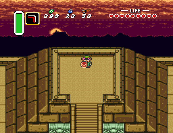 Link appears on the top of the pyramid in the Dark World after his battle with Agahnim.