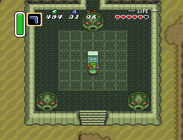 Link stands before the inscription at the entrance of the Desert Palace.