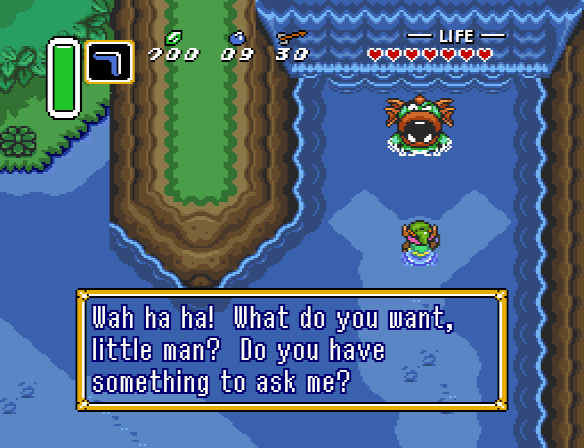 Link goes to northeast Hyrule and meets the King of the Zoras, who asks if he has a question.