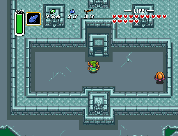 Link arrives in the enclosed entrance area of the Ice Palace in the Dark World.