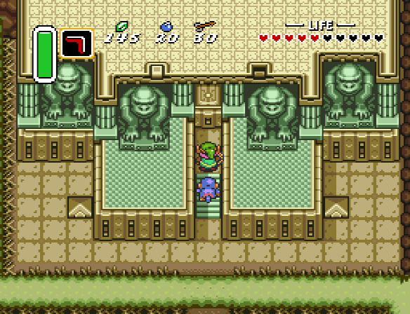 Link approaches the Palace of Darkness with Kiki the monkey.