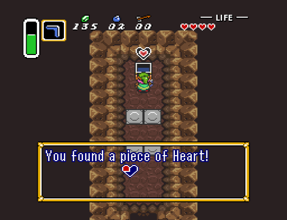 Link finds a Piece of Heart in an underground cave.