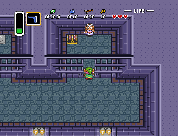 Link unlocks the door of Zelda's jail cell in Hyrule Castle.