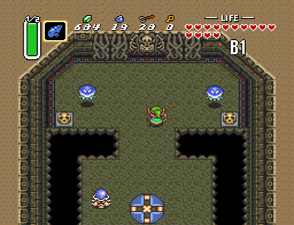 Link arrives in a room of the Skull Woods dungeon in the Dark World.