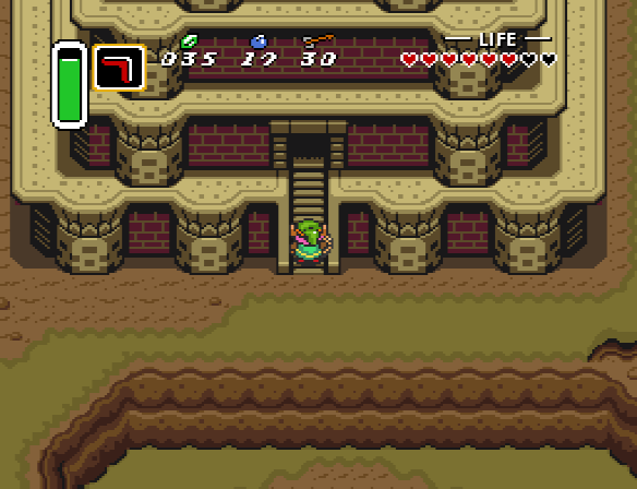 Link climbs the stairs that lead into the Tower of Hera atop Death Mountain.