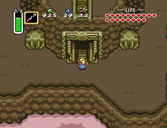 Link opens the entrance to the eighth Dark World dungeon, Turtle Rock.