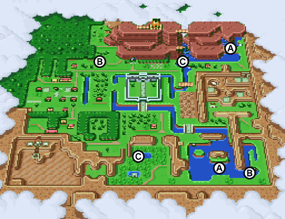 A map of the whirlpool waterways in the Light World in The Legend of Zelda: A Link to the Past.