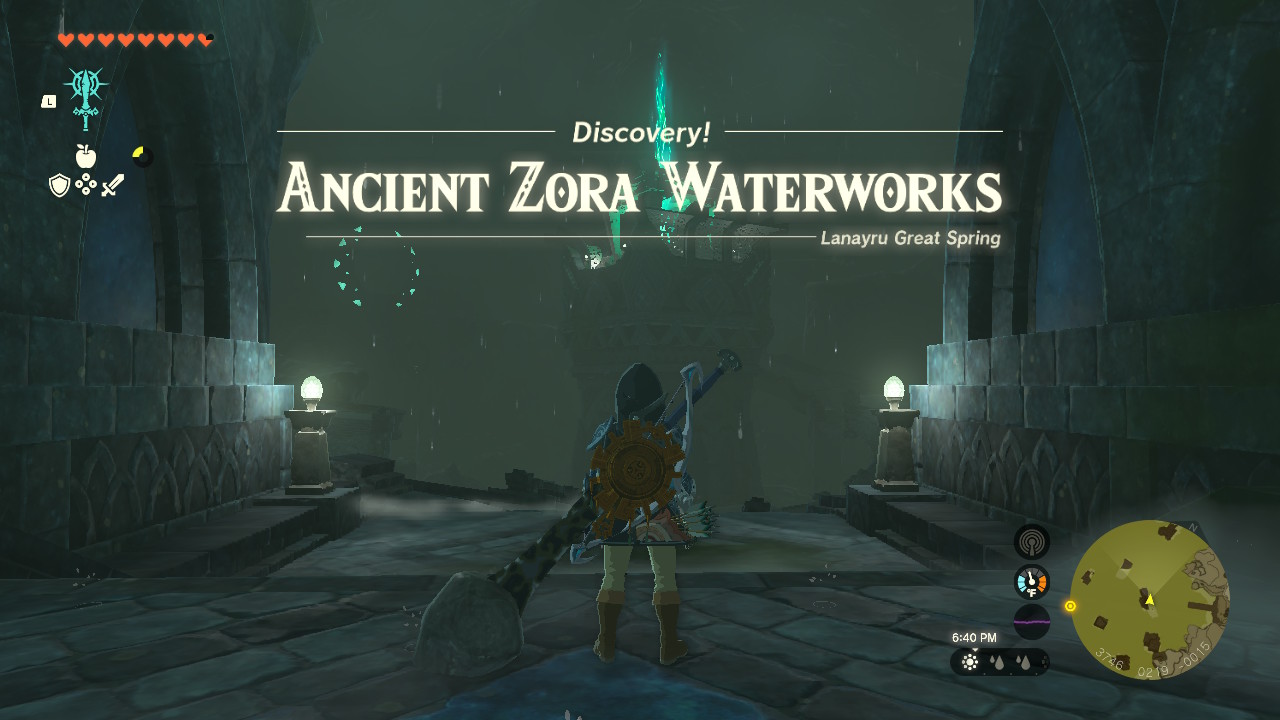 Under the East Reservoir Lake at the pillar of light, you discover the Ancient Zora Waterworks.