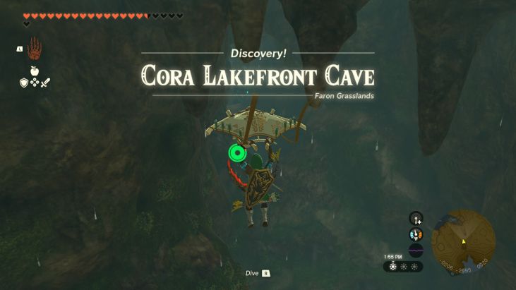 Cora Lakefront Cave is at the west side of Cora Lake, which is south of Lake Hylia.