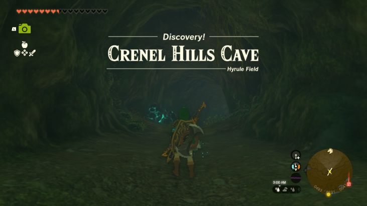 Crenel Hills Cave is in the west part of Crenel Hills, which are east of Hyrule Castle.