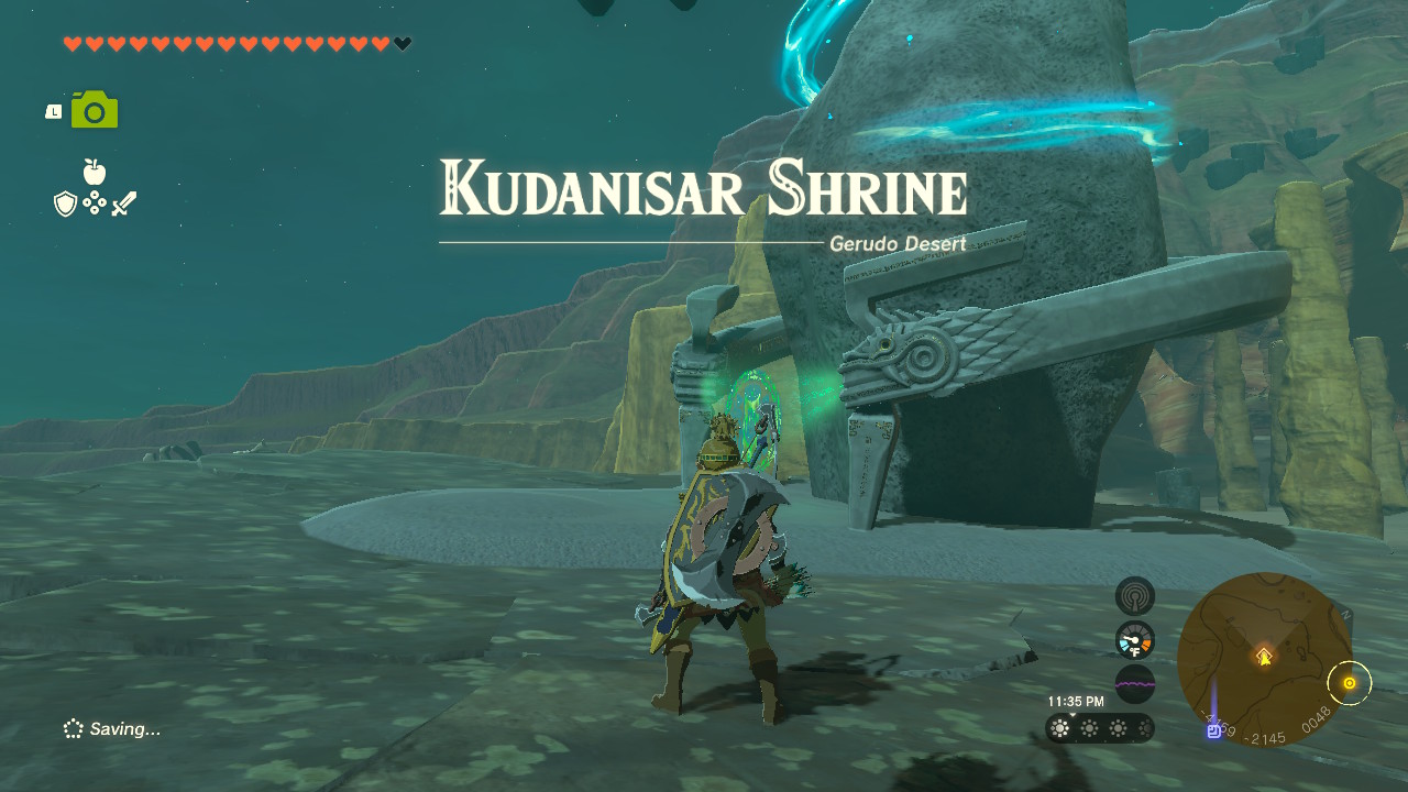 Kudanisar Shrine is in the Gerudo Desert, northwest of the North Gerudo Ruins and northeast of the West Gerudo Ruins.