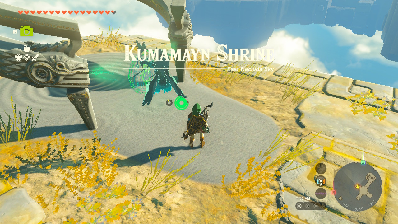 Kumamayn Shrine is on a sky island in the East Necluda Sky, above the Stinger Cliffs.