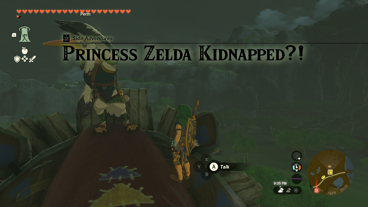 You find Penn on top of Dueling Peaks Stable, looking for clues to the rumor that the Yiga kidnapped Zelda.