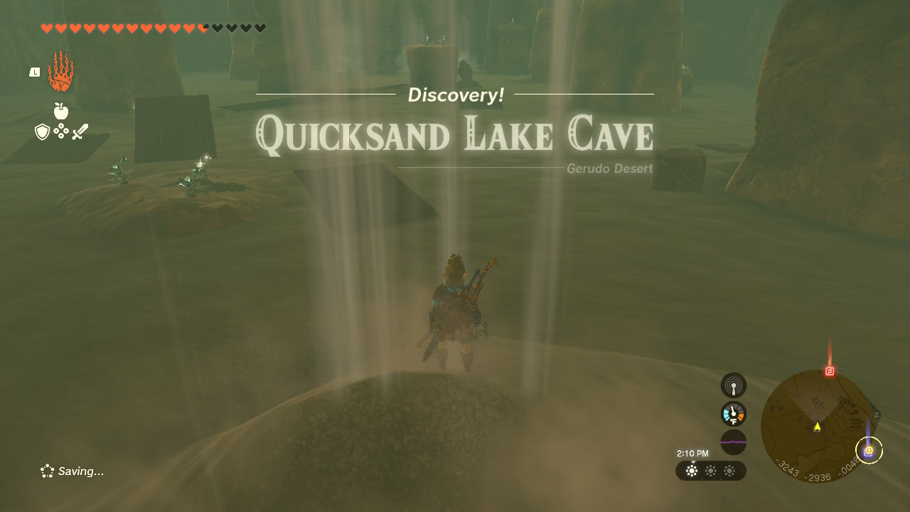 Quicksand Lake Cave is reached via a whirlpool south of Kara Kara Bazaar in the Gerudo Desert.