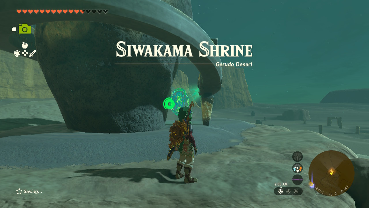 Siwakama Shrine is in the East Barrens area of Gerudo Desert, southeast of Kara Kara Bazaar.