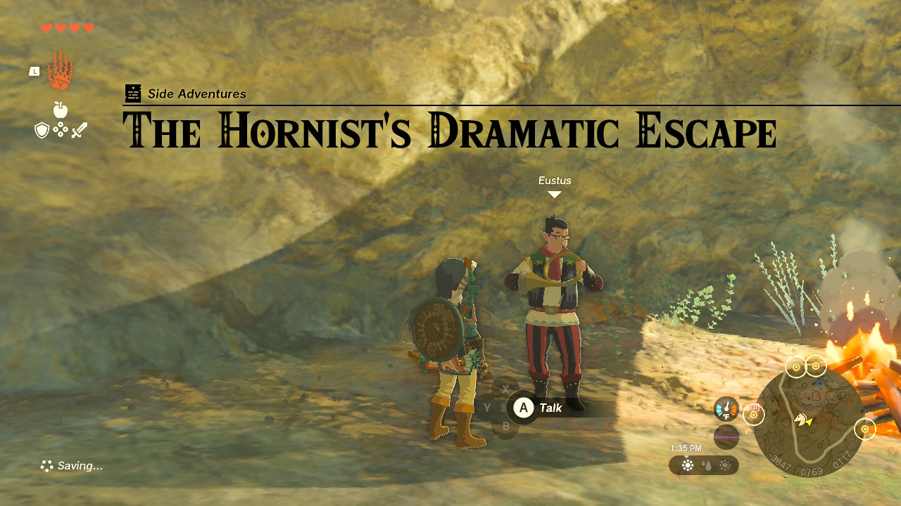 You find a horn player, Eustus, who needs help getting out of a hole near Tabantha Bridge.